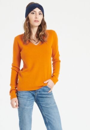 Pull col V femme en cachemire orange citrouille - LILLY 2A