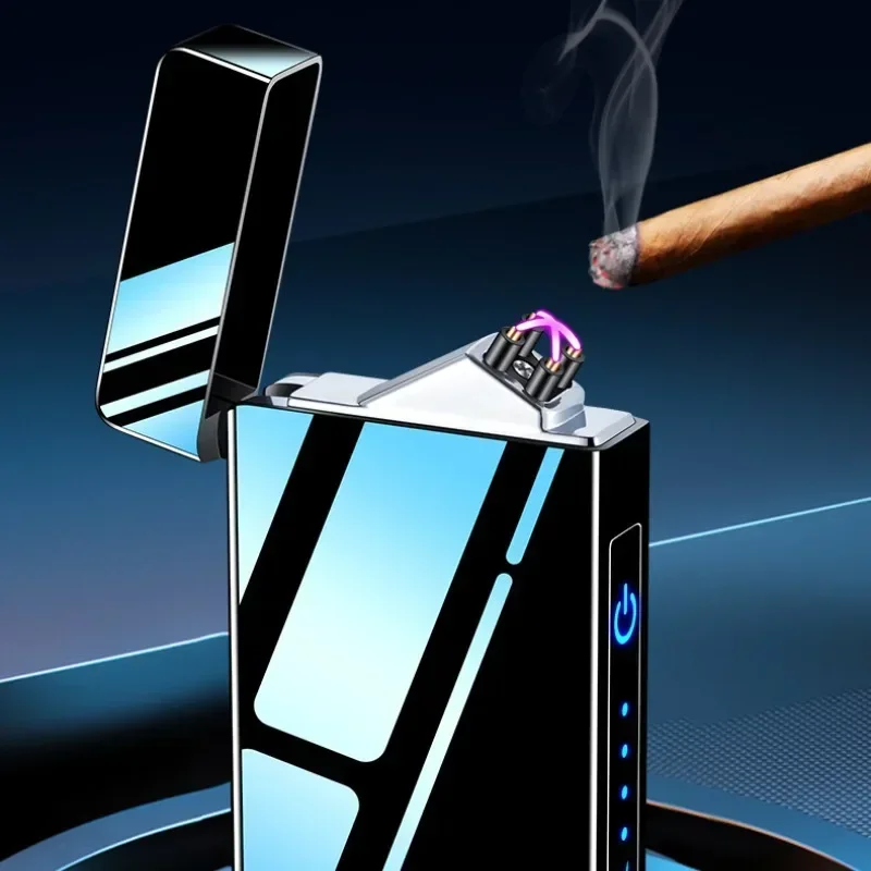 Nouveau briquet électrique coupe-vent en métal Double Arc sans flamme, briquet Plasma Rechargeable par USB, briquet électronique tactile LED – Image 3