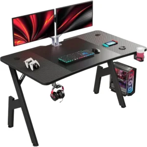 Bureau Gaming, Bureau Gamer Informatique Ergonomique, Table Gaming en Fibre de Carbone, Gamer Desk avec Porte Gobele