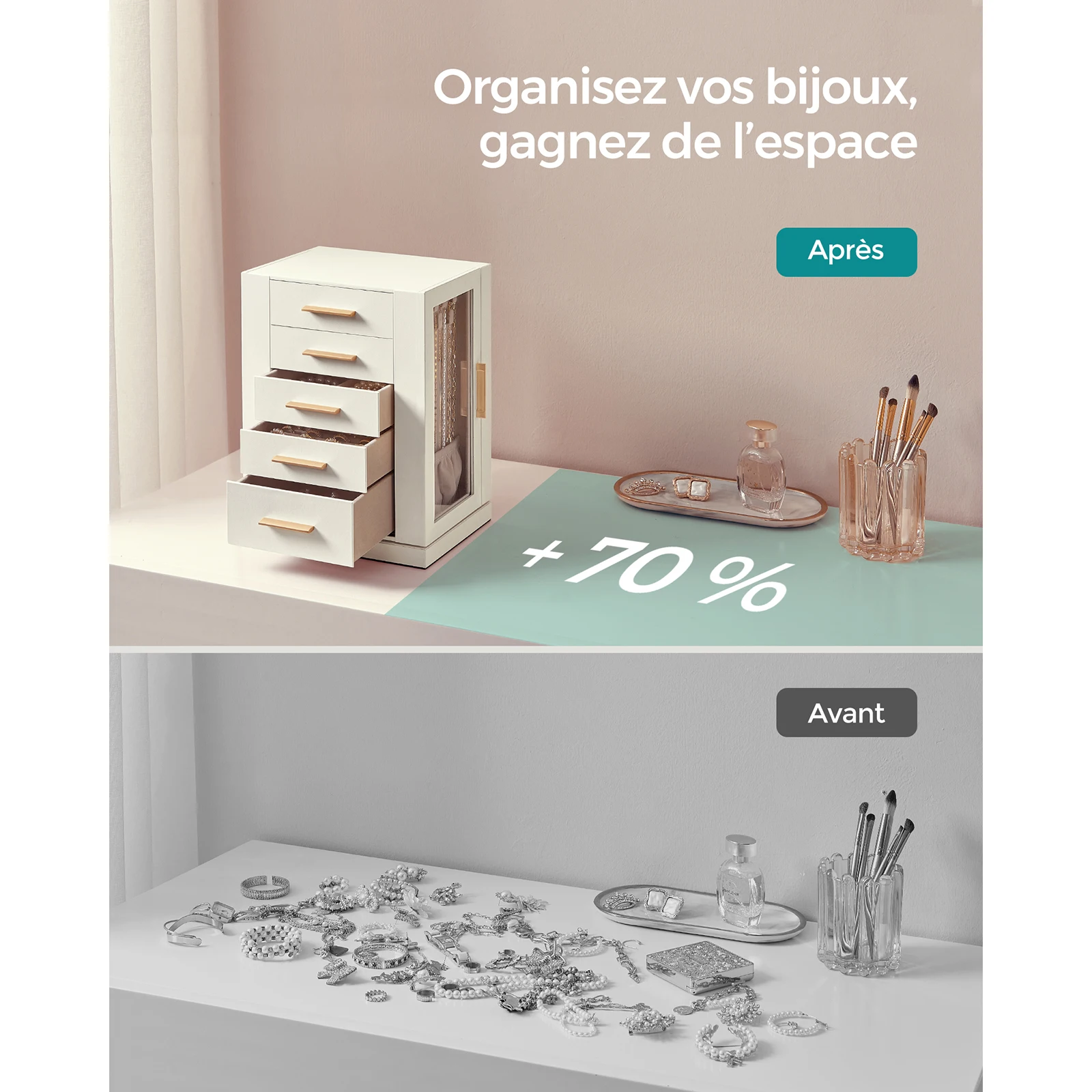 Boîte à Bijoux Rotative à 360°, Coffret à Bijoux avec 5 Tiroirs, Fenêtres en Verre Latérales, Grand, Design Ouvert, Blanc – Image 3