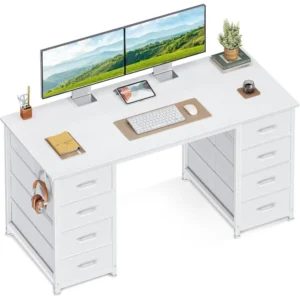 Bureau avec 8 Tiroirs en Tissu 120x48cm Bureau Blanc avec Rangement Table d'ordinateur avec Casque Table Informatiqu