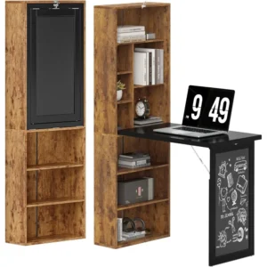 Bureau Informatique Pliable, Bureau avec bibliothèque, Poste de Travail, Tableau Noir, 9 Compartiments Ouverts et étagère ré