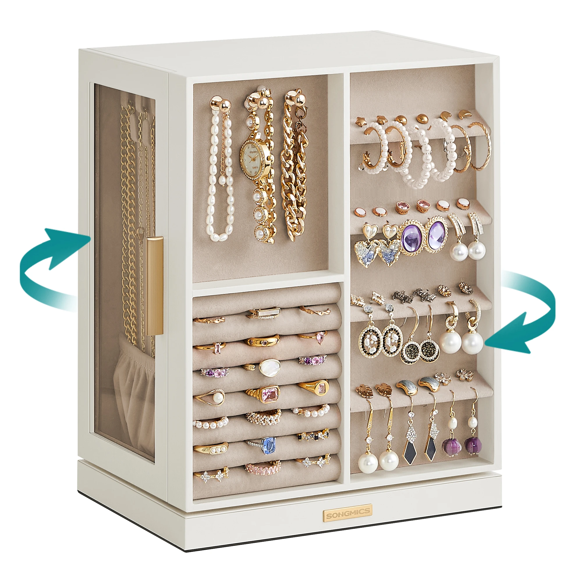 Boîte à Bijoux Rotative à 360°, Coffret à Bijoux avec 5 Tiroirs, Fenêtres en Verre Latérales, Grand, Design Ouvert, Blanc – Image 4