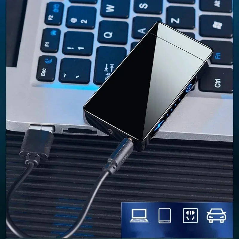 Nouveau briquet électrique coupe-vent en métal Double Arc sans flamme, briquet Plasma Rechargeable par USB, briquet électronique tactile LED – Image 5