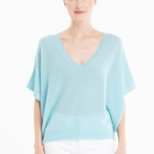 Pull col V manches chave souris femme en cachemire turquoise - RIA 25